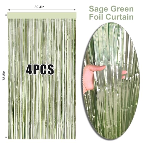 Sage Green Foil Fringe Curtain Set - 4 Pack Tinsel Backdrop for Parties