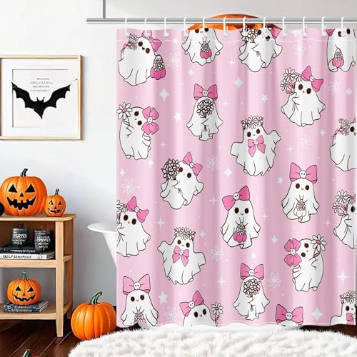Mocsicka Halloween Pink Ghost Shower Curtain, 71x71 Inch Waterproof Fabric