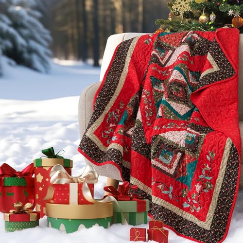 Christmas Queen Quilt Set - 100% Cotton Fill Bedding with Festive Floral Design, 90 x 98 Inches
