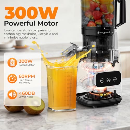 Cold Press Juicer, 5.4'' Wide Feed Chute Juicer Machines, Slow Masticating Juicer for Whole Vegetables & Fruits Easy to Clean ＆ Operate, Juice Extractor Machine High Juice Yield
