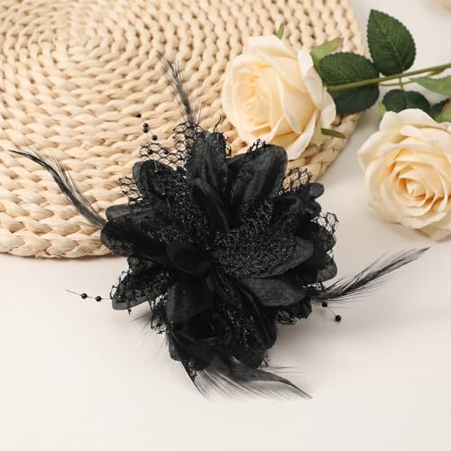 Black Rose Flower Hair Clip and Brooch with Feathers and Mesh