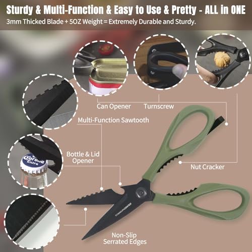 Extra Sharp Kitchen Scissors - Deep Green Stainless Steel Shears with Knife Sharpener & Sheath