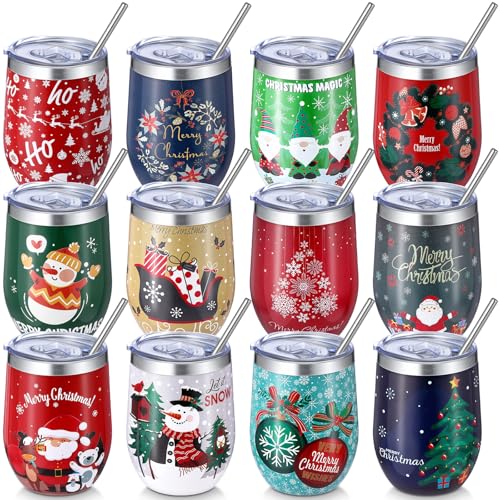 12 Pack Christmas Stainless Steel Wine Tumblers with Lids & Straws - Charming Holiday Design