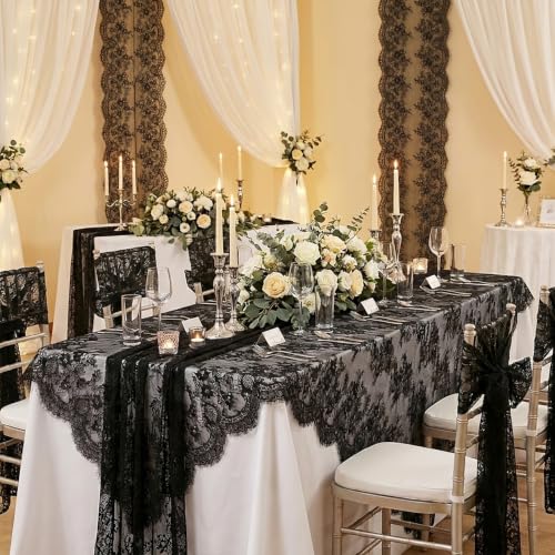 Black Lace Tablecloth 2 Pieces 60x120 Inch Vintage Floral Rectangular Overlay
