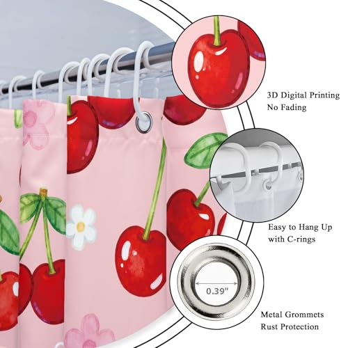 Riyidecor Cherry Floral Shower Curtain, Pink Kawaii Bathroom Decor, 72x72 Inch