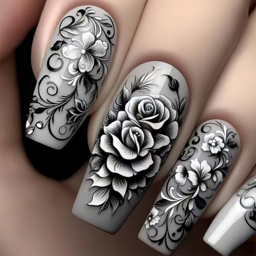 Grey Rose Press on Nails Long Coffin Floral Acrylic Fake Nails Set