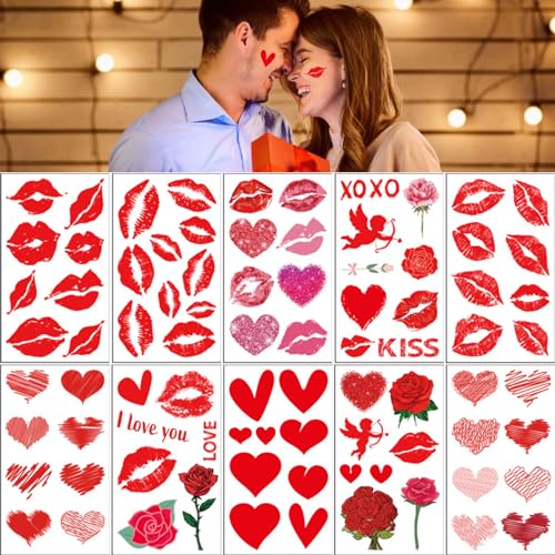 Valentine Temporary Tattoos - 10 Sheets Waterproof Body Art Stickers
