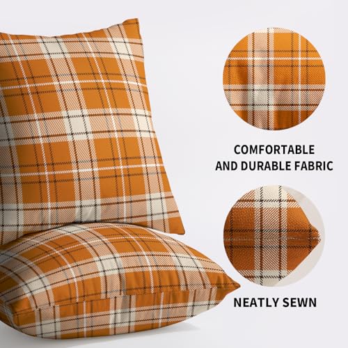 Fall Plaid Pillow Covers 18x18, Set of 2 Burnt Orange Cream Cotton Linen