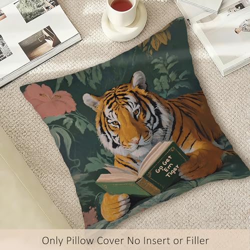 Whimsical Tiger Reading Throw Pillow Cover - 18x18 Inch, Funky Design for Sofa & Office