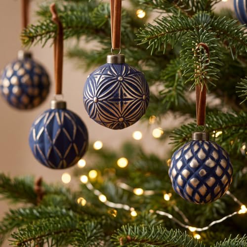 Navy Blue Vintage Christmas Ball Ornaments Set - 12 Pack with Gold Accents