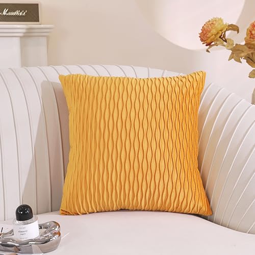 TAOSON Velvet Throw Pillow Covers, 18x18 Striped Gold Yellow, Set of 2