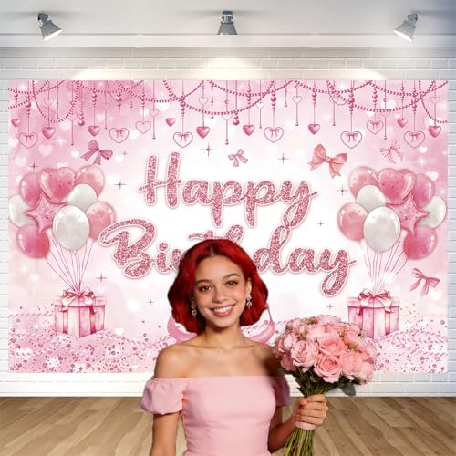 Pink Heart Bow Happy Birthday Backdrop Banner 70.8 x 47.2 Inch