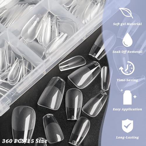 Short Coffin Soft Gel Nail Tips - 360 Pcs Clear Fake Press On Nails
