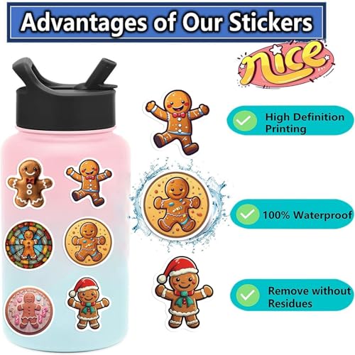 50 Pcs Gingerbread Man Stickers Waterproof Vinyl Holiday Christmas Decals
