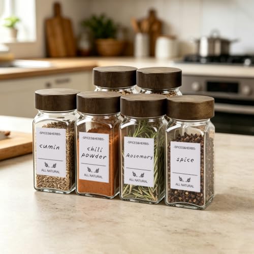 ZUFECY 4oz Square Glass Spice Jars with Airtight Acacia Wood Lids - 6 Pack