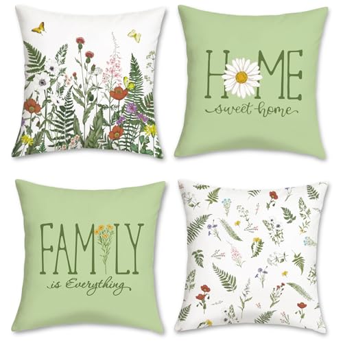 Green Floral Throw Pillow Covers Set of 4 - 18x18 Velvet Butterfly Design