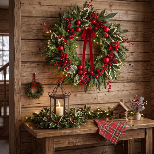 24 Inch Christmas Wreath with Artificial Eucalyptus & Red Bow for Front Door Holiday Decor - Variation of This Listing