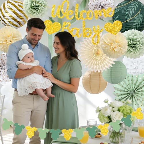 Sage Green Baby Shower Decorations Kit - Banner, Lanterns & Pom Poms