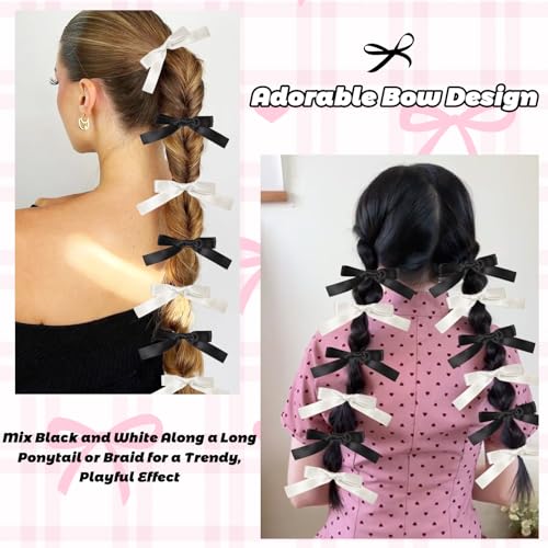 12PCS Silky Satin Hair Bows Ties for Girls and Women, Black and White Ribbon Ponytail Holder Elastics