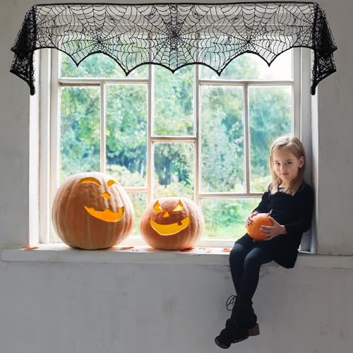 Halloween Black Lace Spiderweb Mantel Scarf - 18x96 Inch Decor