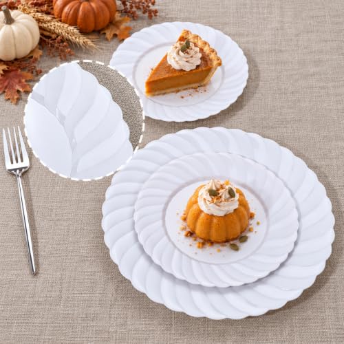 White Plastic Plates for Party Set - Scalloped Edges, 60 Pcs, Dinner & Dessert