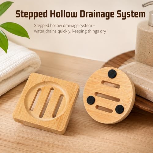 2Pcs Bamboo Soap Dish Holders - Wooden Shower Soap Trays with Drainage