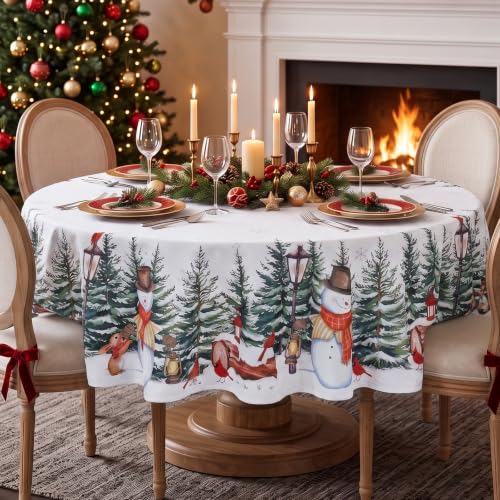 Romanstile White Christmas Round Tablecloth 70 Inch Snowman Trees Winter Decor