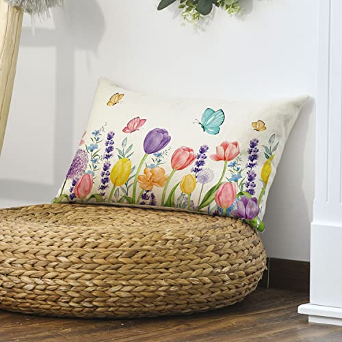 Spring Flowers Tulip Eucalyptus Butterfly Throw Pillow Cover - 12x20