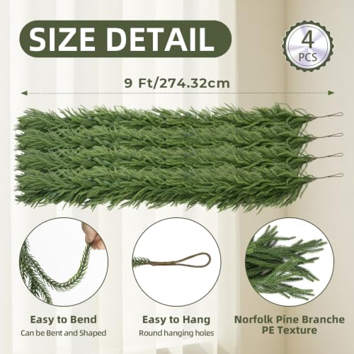 9FT Norfolk Pine Garland - 4 Pack Artificial Christmas Greenery