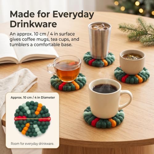 Christmas Tree Wool Felt Coasters Set with Holder - 5 Pack, Handmade
