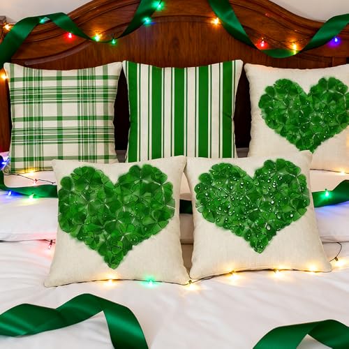 St Patrick's Day Pillow Covers Pack of 4 - Green Heart & Stripes 18x18