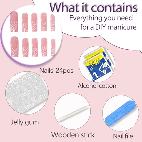 Extra Long Square Pink Press on Nails with Pearl and Line Designs 24Pcs