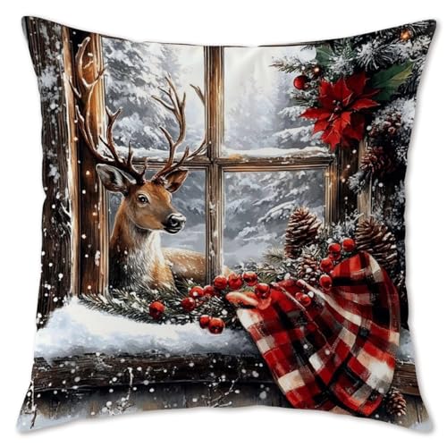 Winter Deer Reindeer Pillow Covers 18x18 Inches Farmhouse Holiday Decor