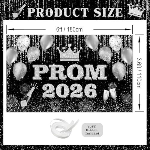 Prom 2026 Backdrop Banner - Black & Gold Graduation Party Decor 6x3.6ft