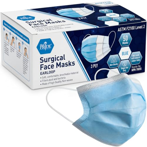 Med Pride Disposable 3-Ply Medical Face Masks - Blue, 50 Pack