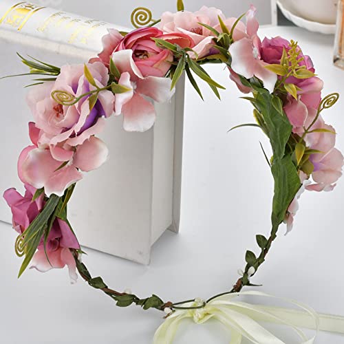 YnimioAOX Pinkish Purple Floral Crown Headband Adjustable Silk Flower Wreath