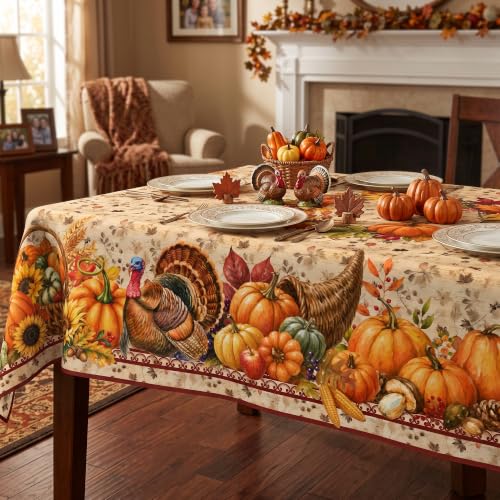 Thanksgiving Tablecloth 60x104 Inch Fall Harvest Border Waterproof Polyester