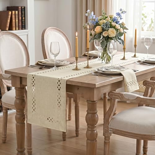 Beige Rustic Geometric Table Runner 13x90 Inch - Washable Polyester