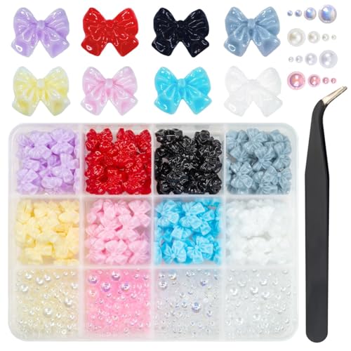qiipii 3D Bow Nail Charms & Half Pearl Beads Set, 8-Color Kawaii Bowknot Art Supplies