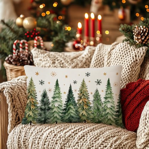 Christmas Pillow Cover 12x20 Inch - Green Trees & Stars Decor