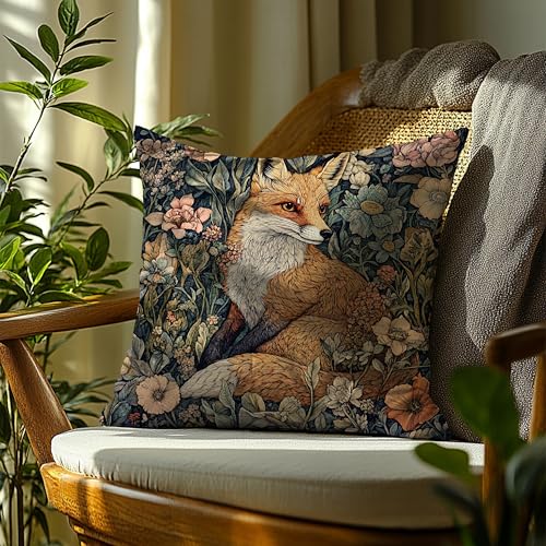 William Morris Inspired Fox Floral Flannel Pillow Cover 18x18 - C-fox 02