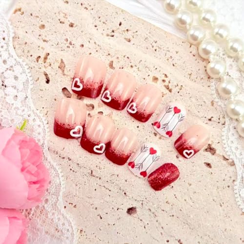 Valentine Press On Nails Short Square Red Glitter French Tip Heart False Nails