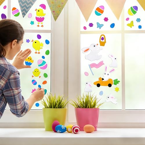 Easter Gel Window Clings Set - 6 PCS Bunny, Eggs & Flowers Decor