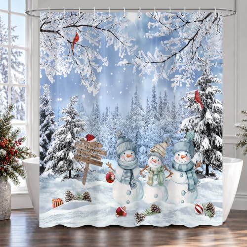 Blue Christmas Snowman Shower Curtain - Winter Holiday Bathroom Decor, 72x72 Inches