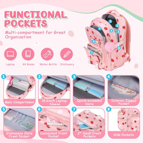 ASKSKY Girls School Backpack - Pink Strawberry Kawaii Bookbag for Teens