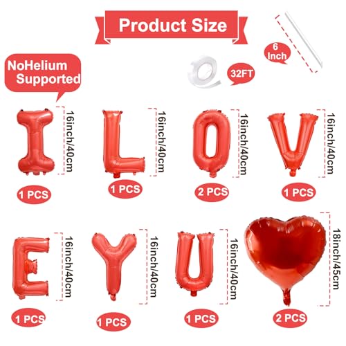 I LOVE YOU Balloon Set - 16 Inch Mylar Letter & Heart Balloons