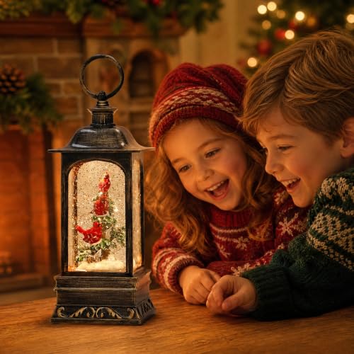 Musical Cardinal Snow Globe Lantern with Swirling Glitter - 10.6 Inch Festive Christmas Decor - 3 Cardinals Variation