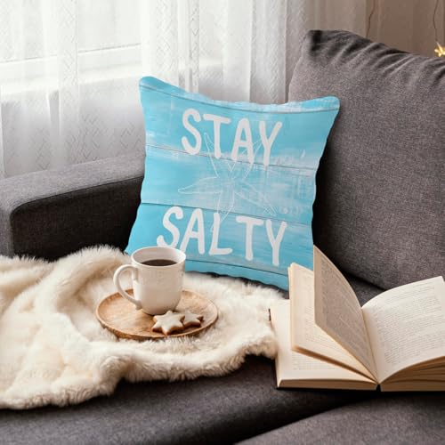 Stay Salty Coastal Throw Pillow Cover - 18x18 Inch Nautical Blue Flannel