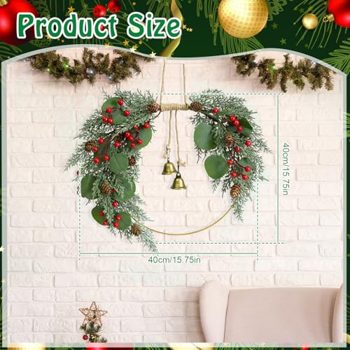 Christmas Wreath for Front Door Artificial Half Circle Wreath with Bell Pine Cones Red Berries Eucalyptus - Red