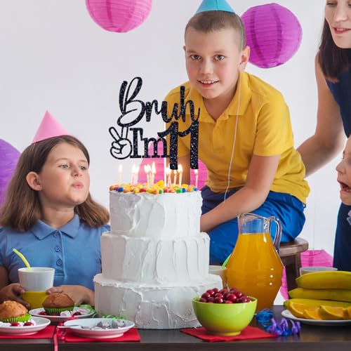Black Glitter 'Bruh I'm 11' Cake Topper for Birthday Parties